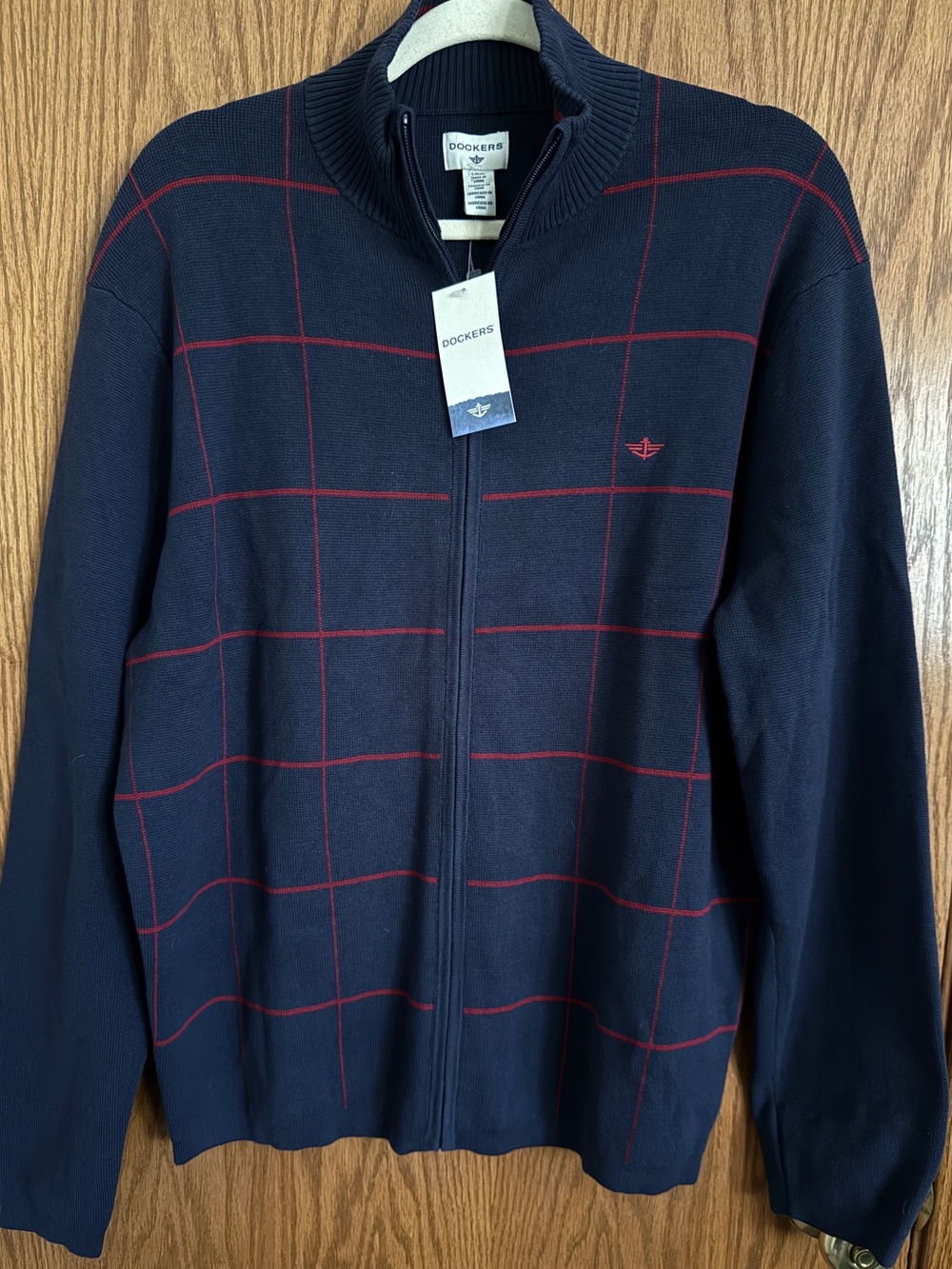 Dockers Full Zip Navy Blue Sweater Milano Windowpane Mock Neck Men's Size Large